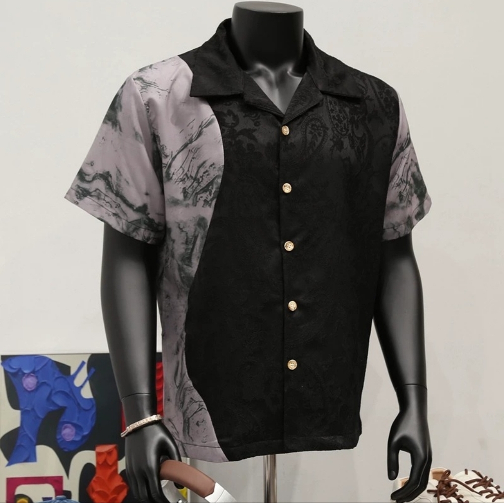 Black Grey Patchwork Camp Shirt